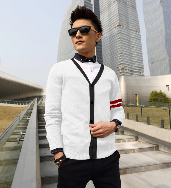 Áo khoác cardigan trắng tay sọc đỏ đô ac076 - 1