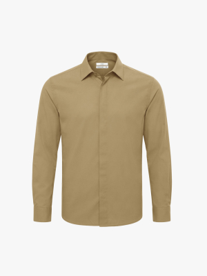 Áo Sơ Mi Herringbone Nẹp Dấu Khuy Form Regular SM211 Màu Be Đậm