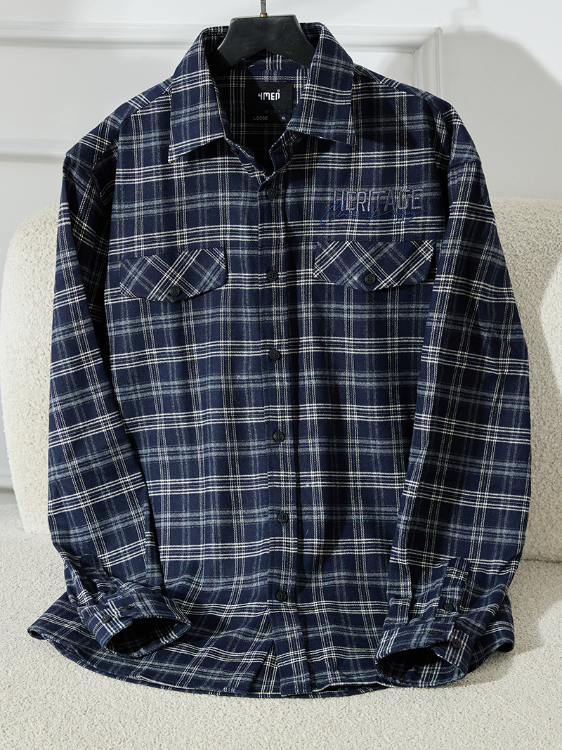 Áo Overshirt Vải Caro Flannel Thêu Heritage Form Loose SM166 Caro Xanh Đen