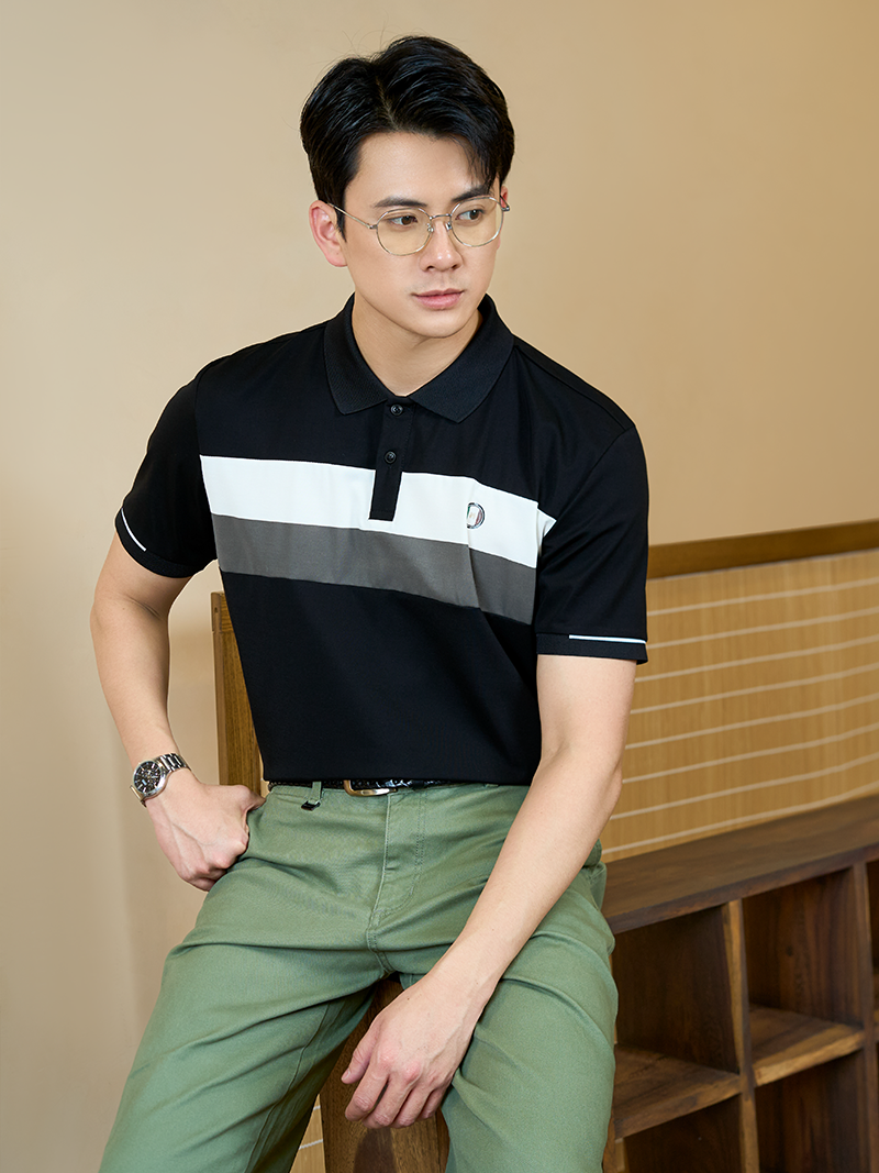 Áo Polo Rayon In Logo Tròn M Form Regular PO164 Màu Đen