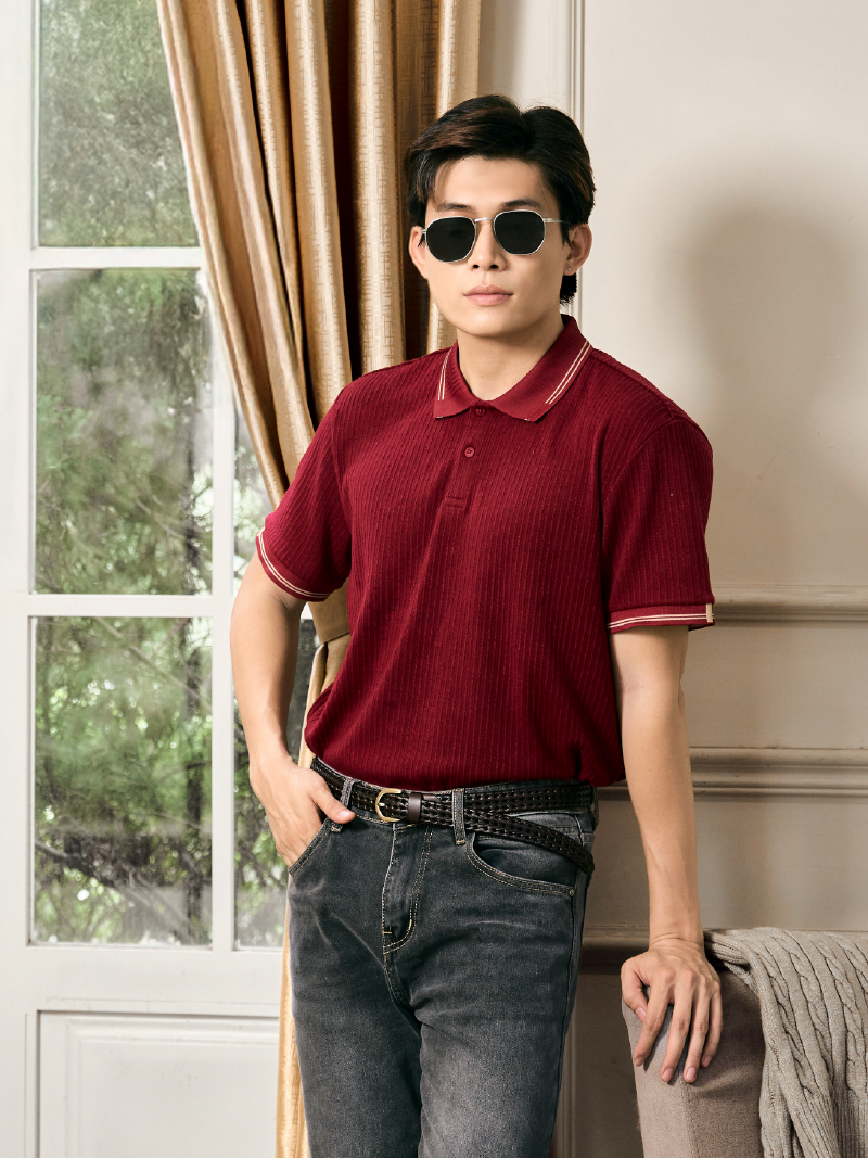 Áo Polo Dệt Kim Gân Nổi Form Regular PO176 Màu Đỏ Đô
