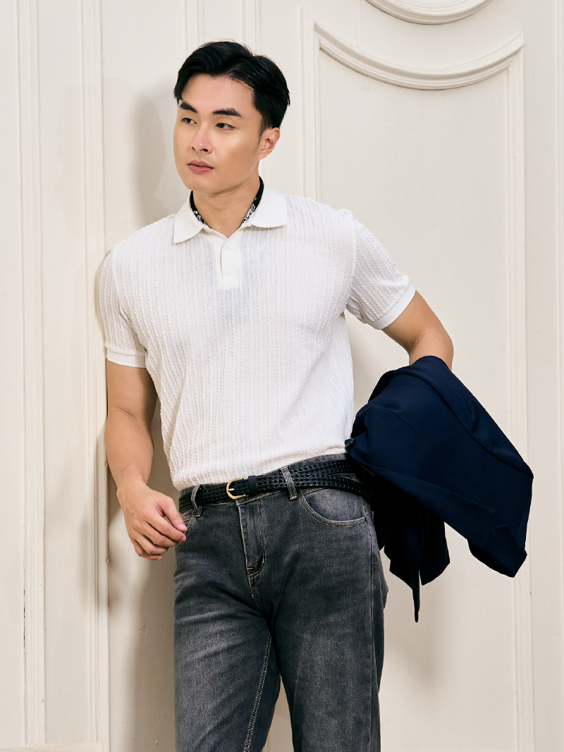 Áo Polo Dệt Kim Vặn Thừng Form Slimfit PO177 Màu Trắng