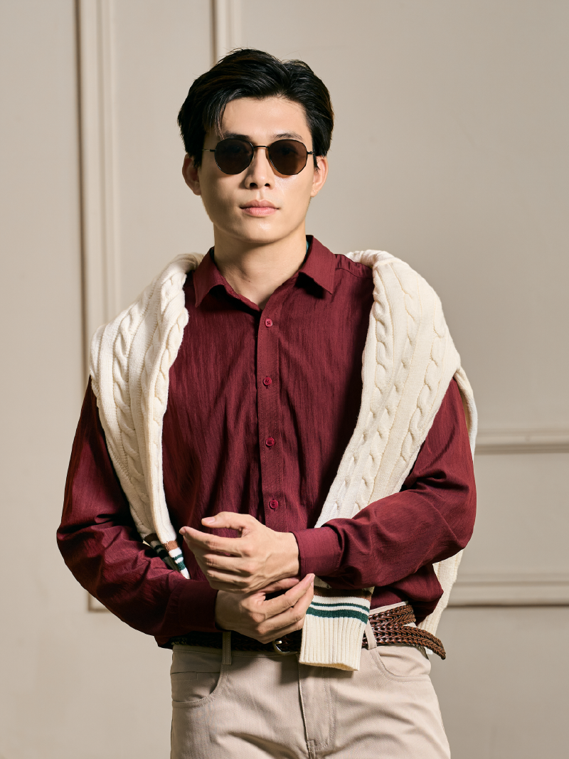 Áo Sơ Mi Tay Dài Linen Trơn Form Regular SM199 Màu Đỏ Đô