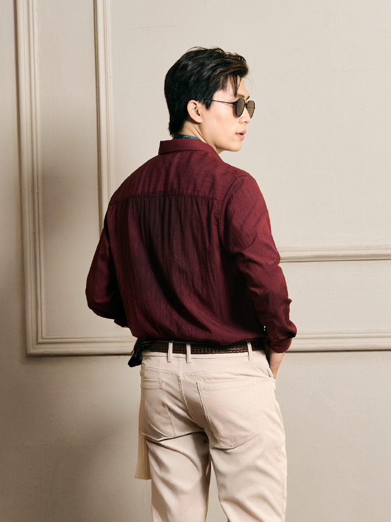 Áo Sơ Mi Tay Dài Linen Trơn Form Regular SM199 Màu Đỏ Đô