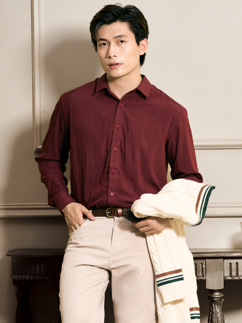 Áo Sơ Mi Tay Dài Linen Trơn Form Regular SM199 Màu Đỏ Đô