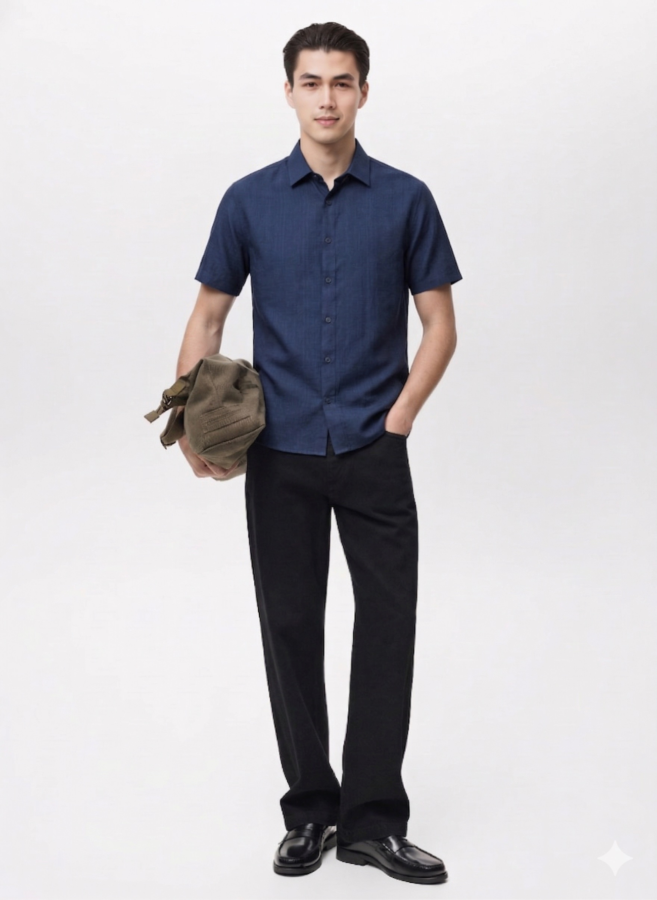 Áo Sơ Mi Linen Xước Ngắn Tay Form Regular SM203 Xanh Đen