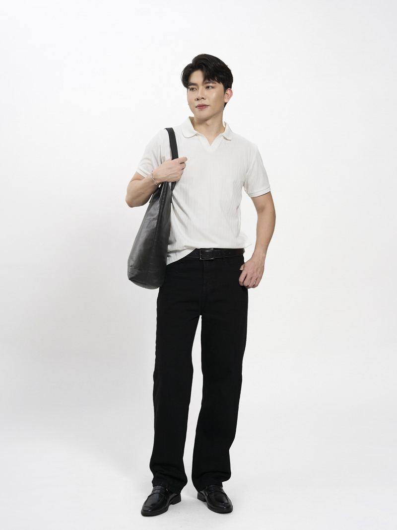 Áo Polo Sọc Chìm Cổ V Form Regular PO189 Màu Trắng